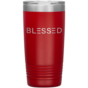 20 ounce red tumbler with Blessed etched in silver