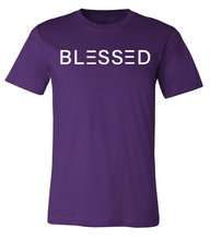 Load image into Gallery viewer, Purple short sleeve tee shirt with Blessed written across the chest in white letters
