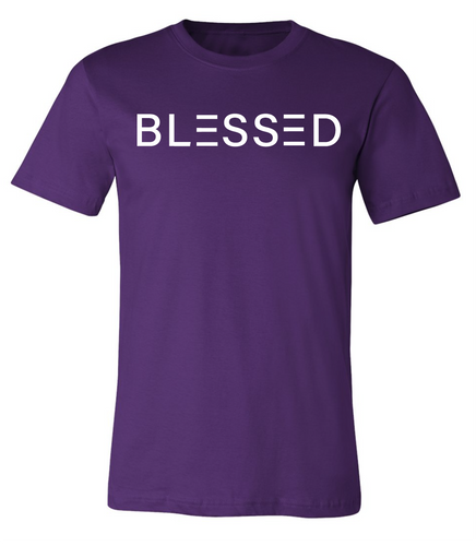 Purple short sleeve tee shirt with Blessed written across the chest in white letters