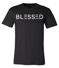 Load image into Gallery viewer, Black Christian t-shirt that says Blessed
