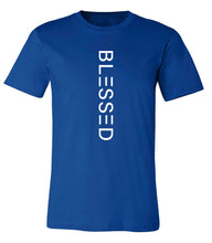 Load image into Gallery viewer, Royal Blue Blessed tshirt with vertical text. Short sleeve soft feel
