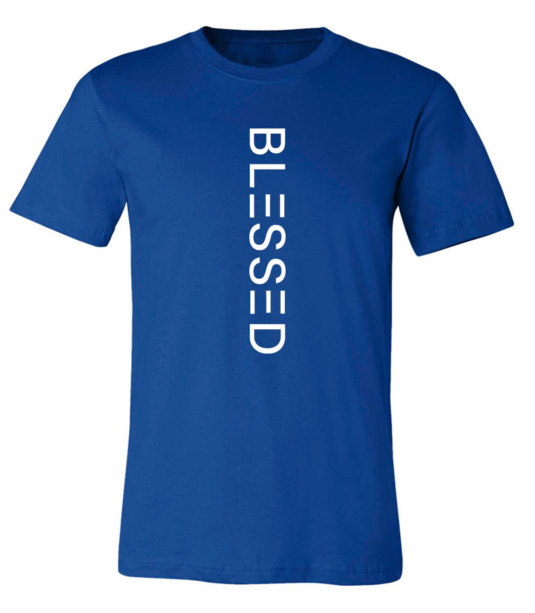 Royal Blue Blessed tshirt with vertical text. Short sleeve soft feel