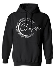 Load image into Gallery viewer, Black hoodie with a graphic design that says Chosen in script font and the words redeemed, loved, set apart and divinely favored around it

