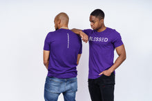 Load image into Gallery viewer, Models wearing purple Expressions of Faith tee shirts with Blessed across the front of the shirt and the words expressions of faith down the middle of the back of the shirt.
