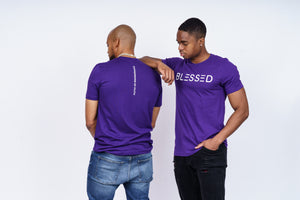 Models wearing purple Expressions of Faith tee shirts with Blessed across the front of the shirt and the words expressions of faith down the middle of the back of the shirt.