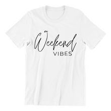 Load image into Gallery viewer, White tshirt that says Weekend Vibes in cursive

