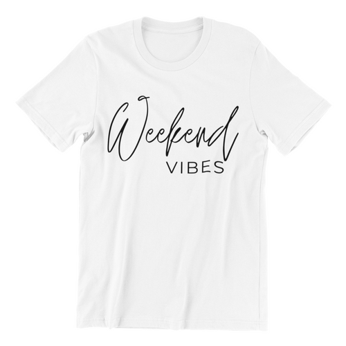 White tshirt that says Weekend Vibes in cursive