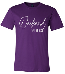 Royal purple tshirt that says Weekend Vibes in white text