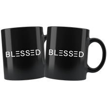 Load image into Gallery viewer, Two Black 11 ounce coffee mugs with signature Blessed text 
